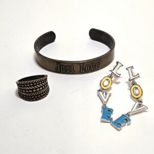 Copper Love Cuff Bracelet Copper Ring Size 8 Post Silvertone Enamel Earrings